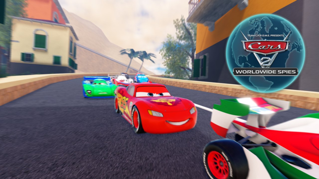Lightning McQueen racing through a Worldwide Spies street course with Francesco Bernoulli and other cars